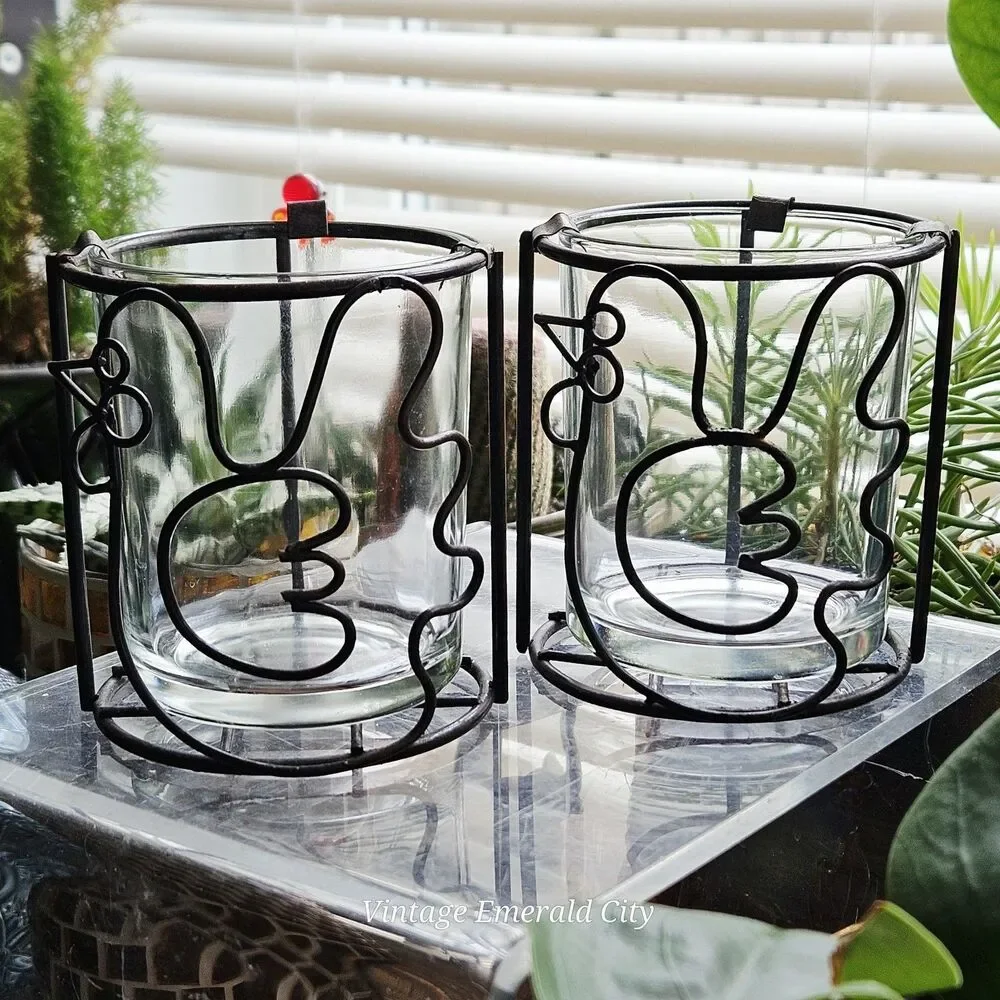 Vtg Chicken Bird Tea Light Votive Candle Holder Clear Glass Rustic Metal Holder
